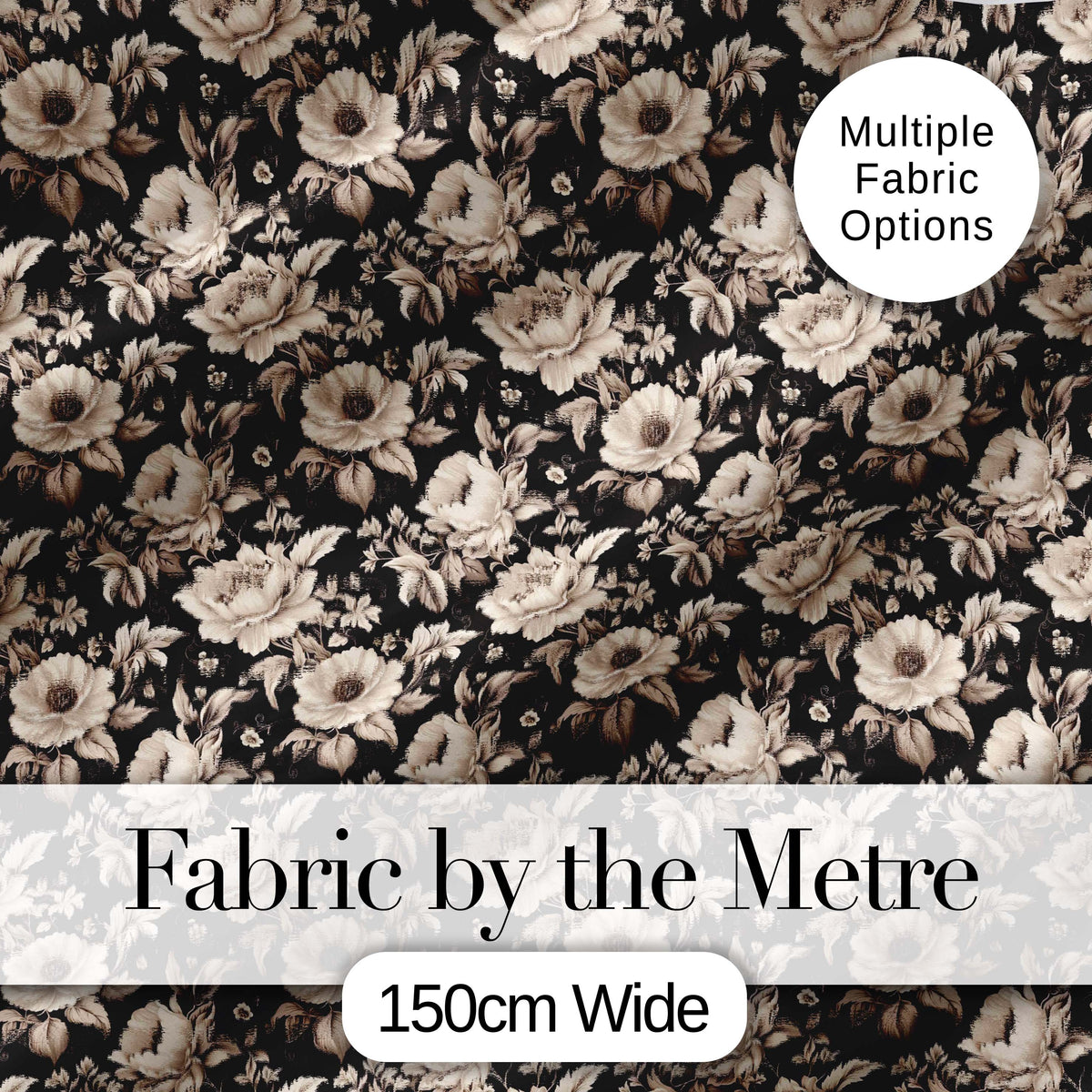 Classic Monochrome Floral Black Ivory Seamless Pattern Digital Print Fabric by the Metre UK Sewing Quilting Textile