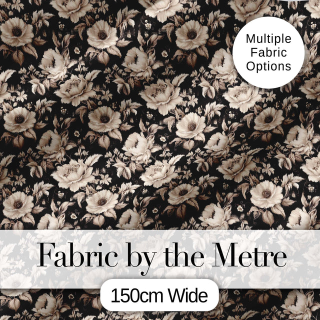 Classic Monochrome Floral Black Ivory Seamless Pattern Digital Print Fabric by the Metre UK Sewing Quilting Textile