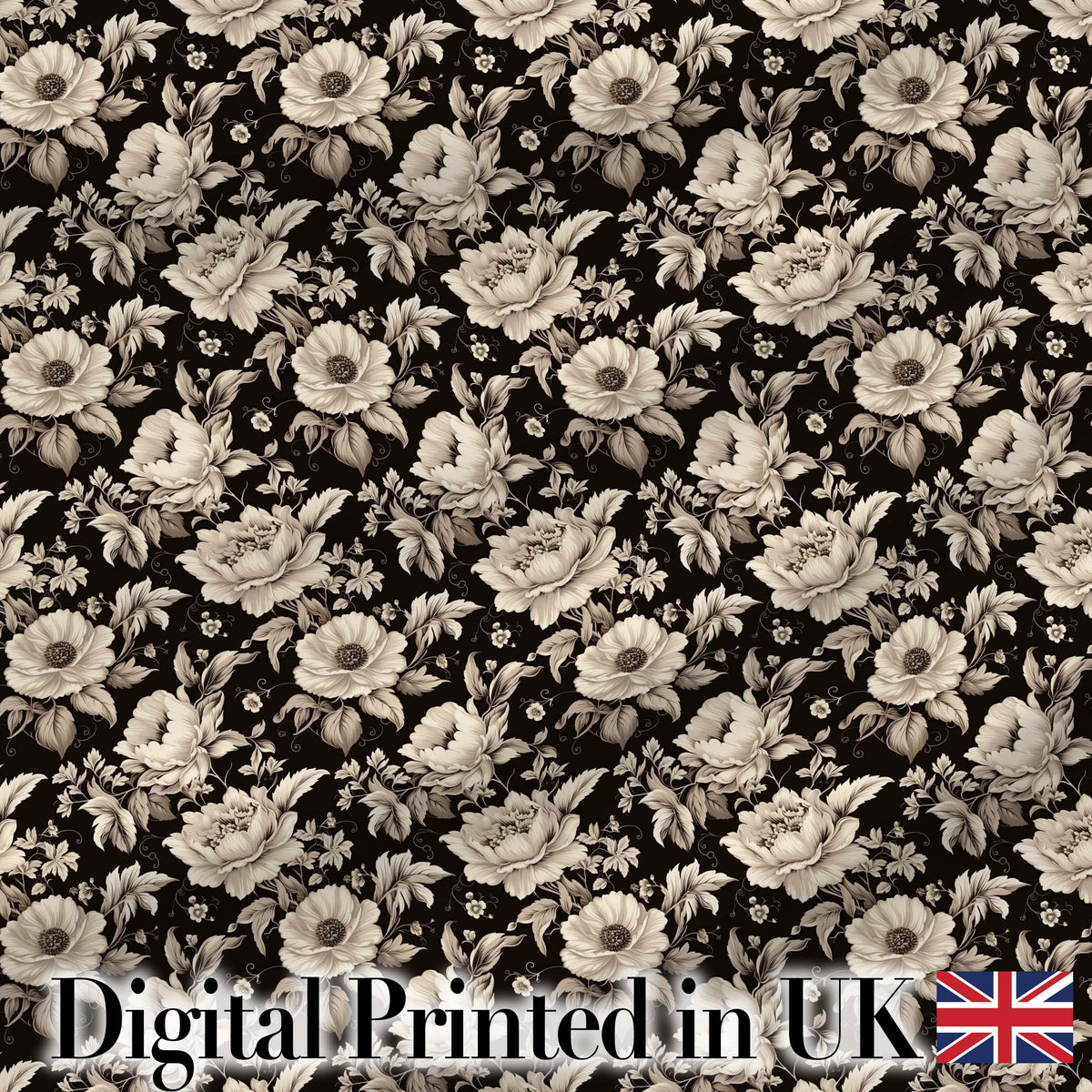 Classic Monochrome Floral Black Ivory Seamless Pattern Digital Print Fabric by the Metre UK Sewing Quilting Textile