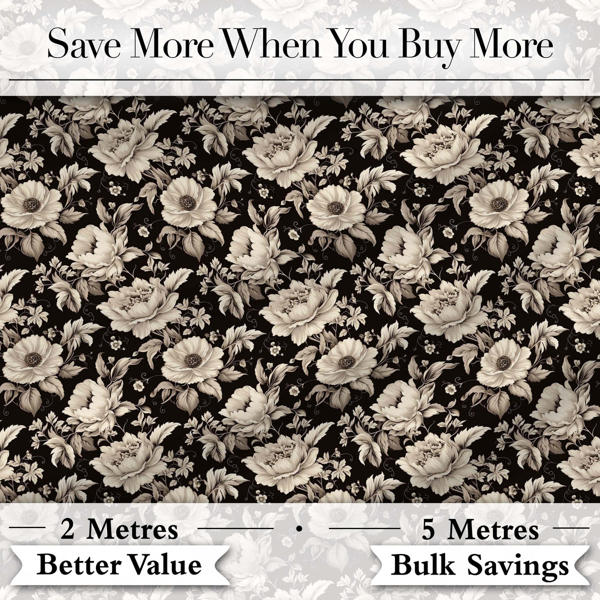 Classic Monochrome Floral Black Ivory Seamless Pattern Digital Print Fabric by the Metre UK Sewing Quilting Textile