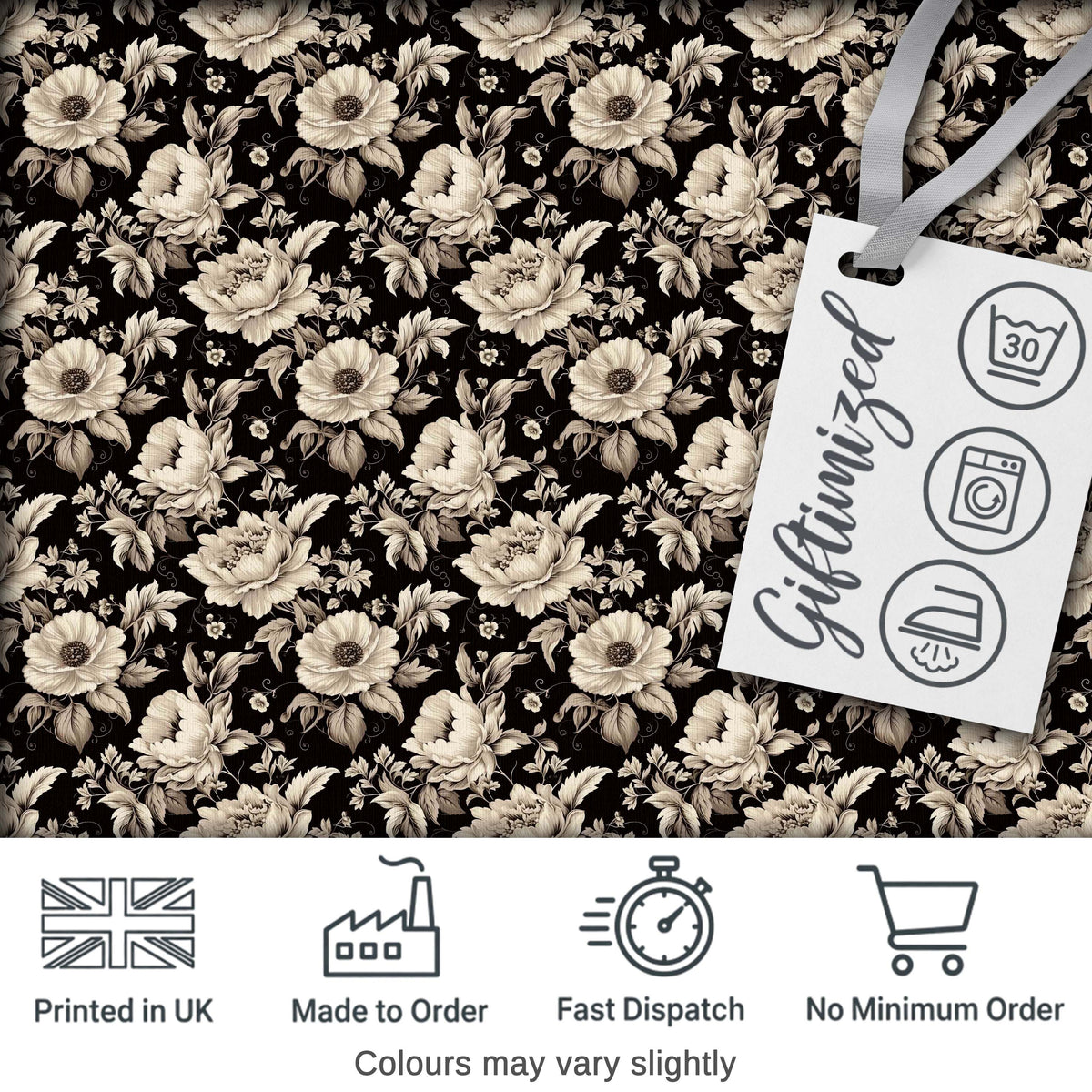 Classic Monochrome Floral Black Ivory Seamless Pattern Digital Print Fabric by the Metre UK Sewing Quilting Textile
