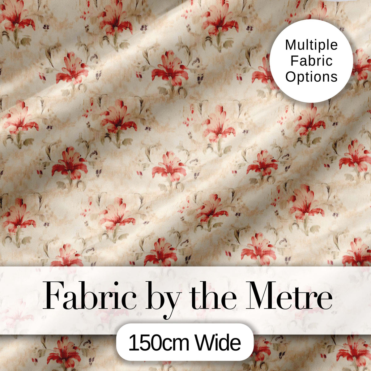 Vintage Red Lily Floral Soft Beige Background Seamless Pattern Digital Print Fabric by the Metre UK Sewing Quilting Textile