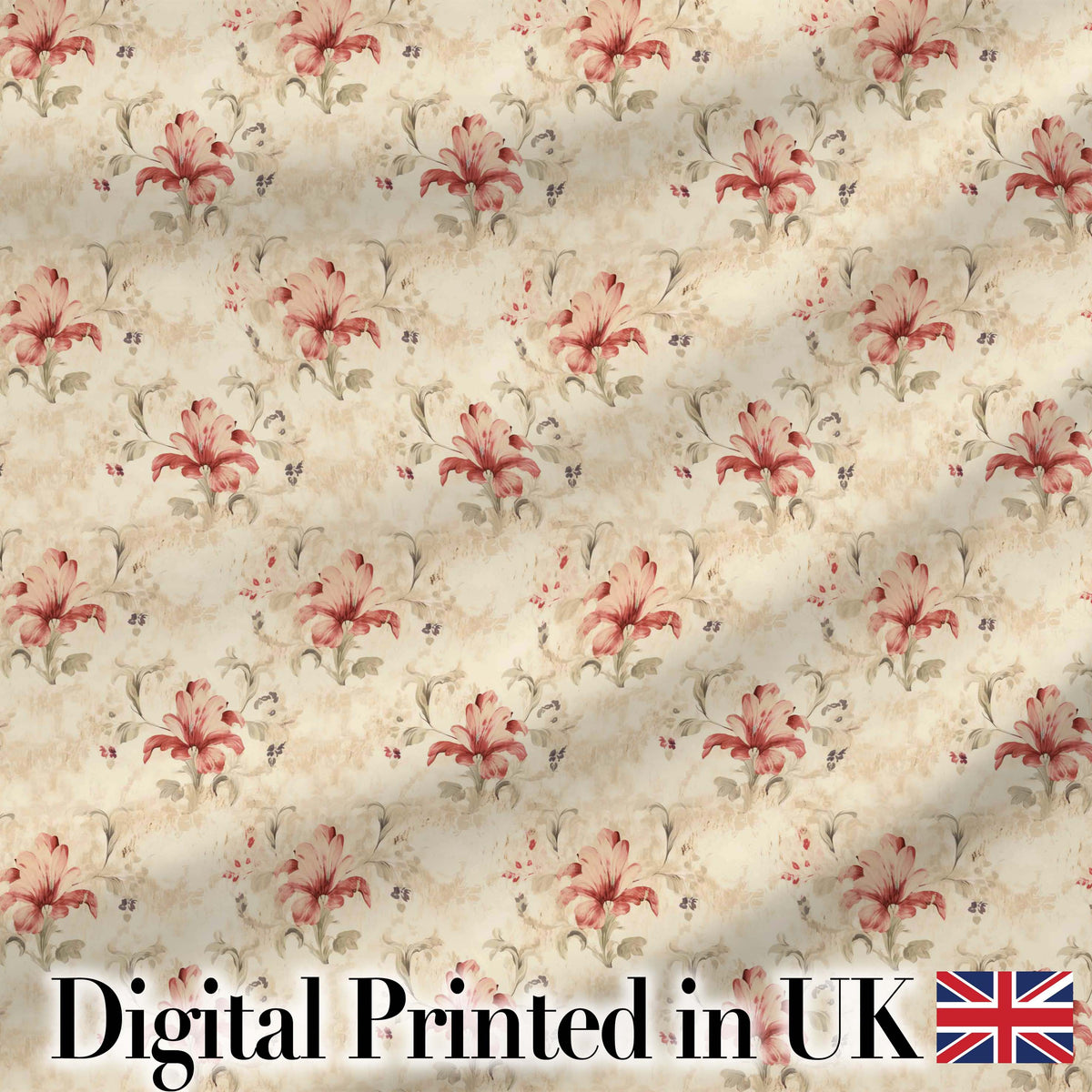 Vintage Red Lily Floral Soft Beige Background Seamless Pattern Digital Print Fabric by the Metre UK Sewing Quilting Textile