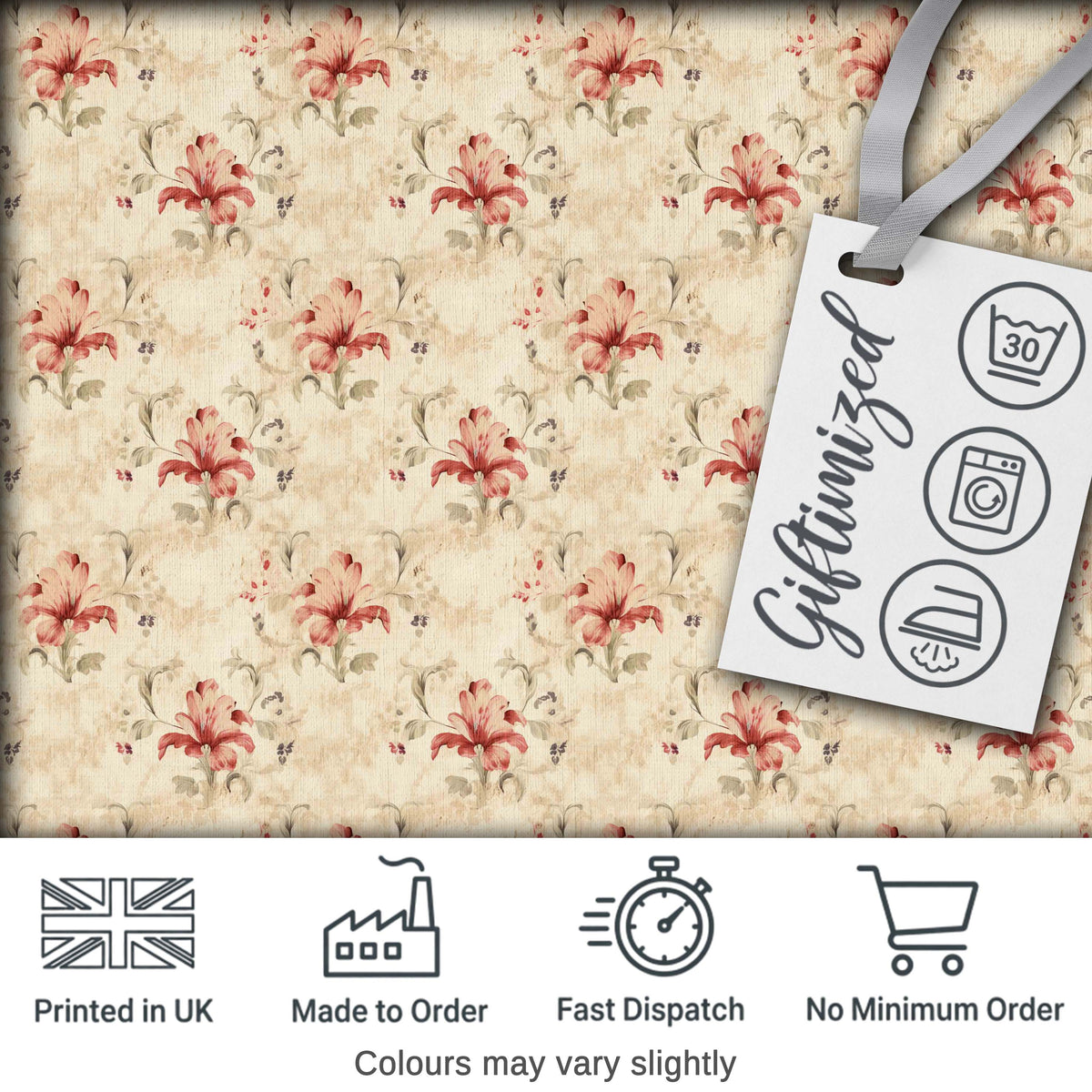 Vintage Red Lily Floral Soft Beige Background Seamless Pattern Digital Print Fabric by the Metre UK Sewing Quilting Textile