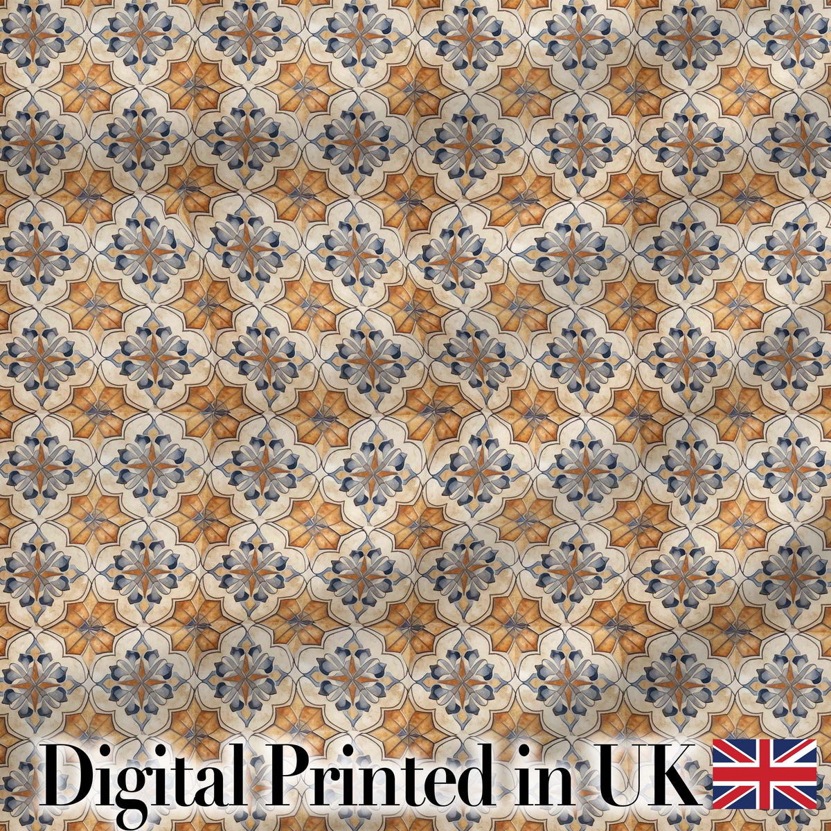 Vintage Blue Beige Ceramic Tile Floral Pattern Seamless Digital Print Fabric by the Metre UK Sewing Quilting Textile
