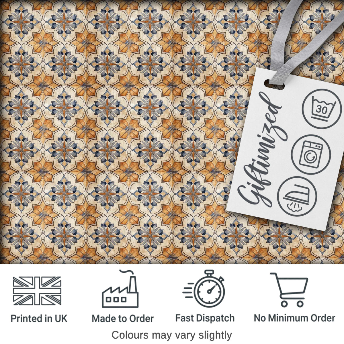 Vintage Blue Beige Ceramic Tile Floral Pattern Seamless Digital Print Fabric by the Metre UK Sewing Quilting Textile