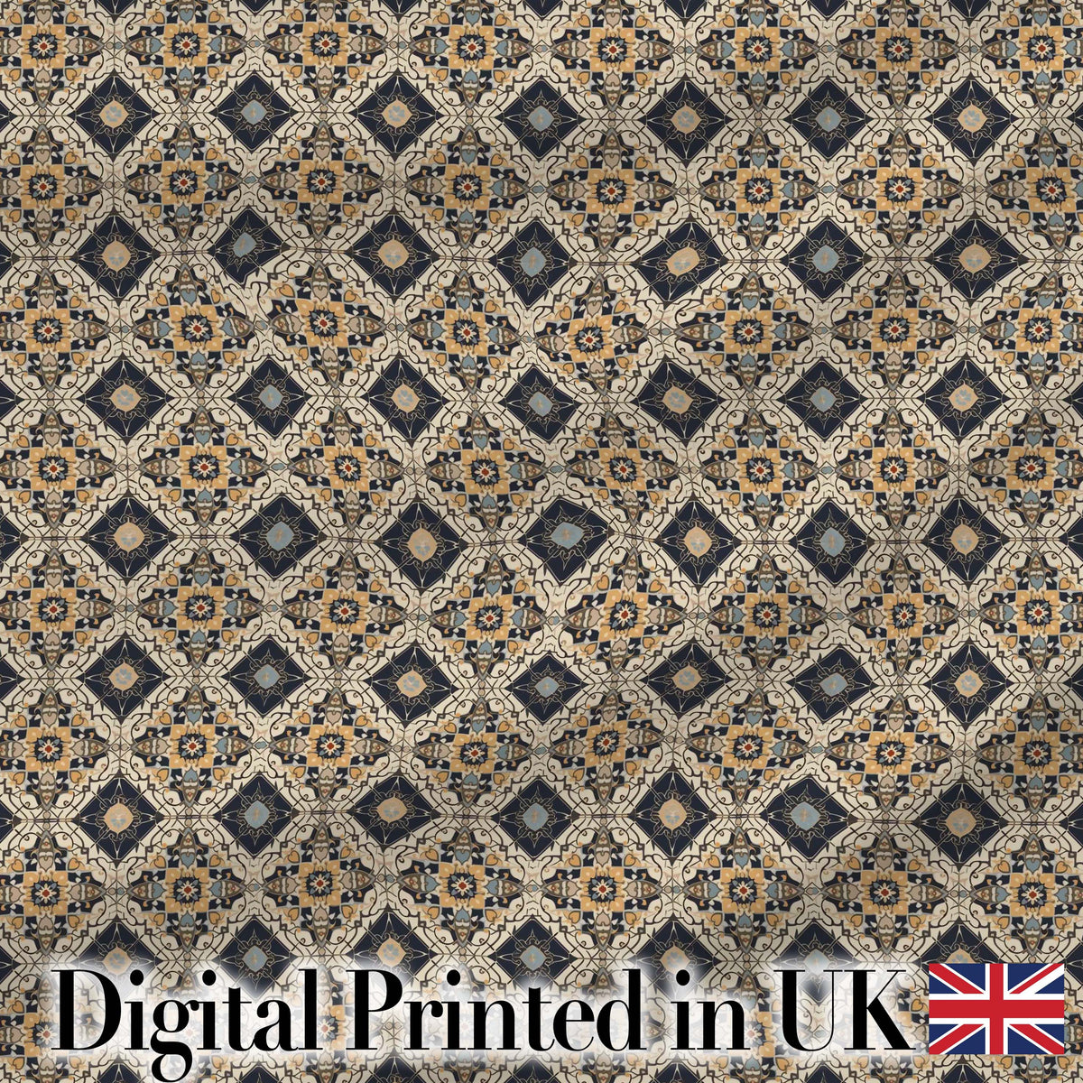 Classic Vintage Blue Gold Geometric Tile Seamless Pattern Digital Print Fabric by the Metre UK Sewing Quilting Textile