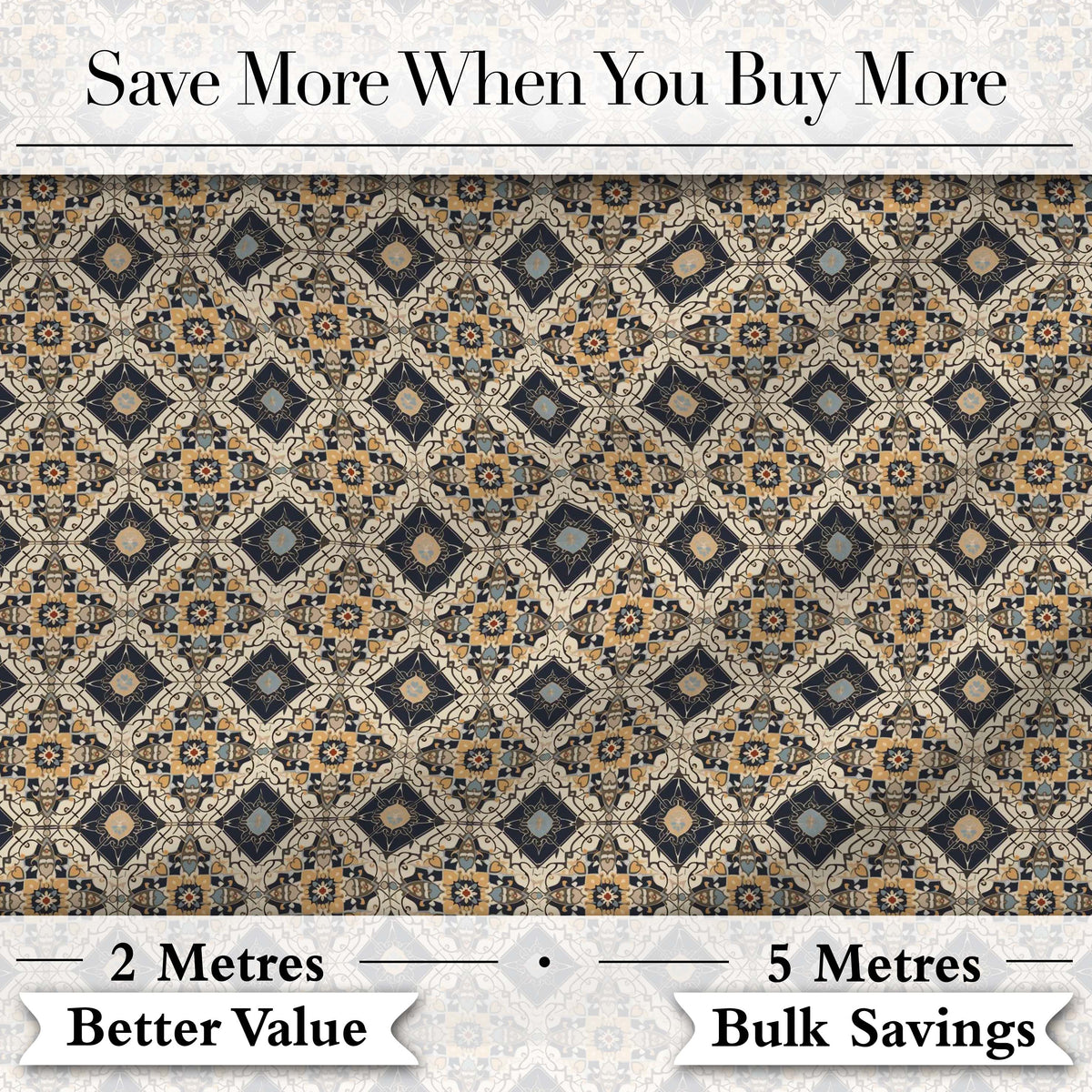Classic Vintage Blue Gold Geometric Tile Seamless Pattern Digital Print Fabric by the Metre UK Sewing Quilting Textile