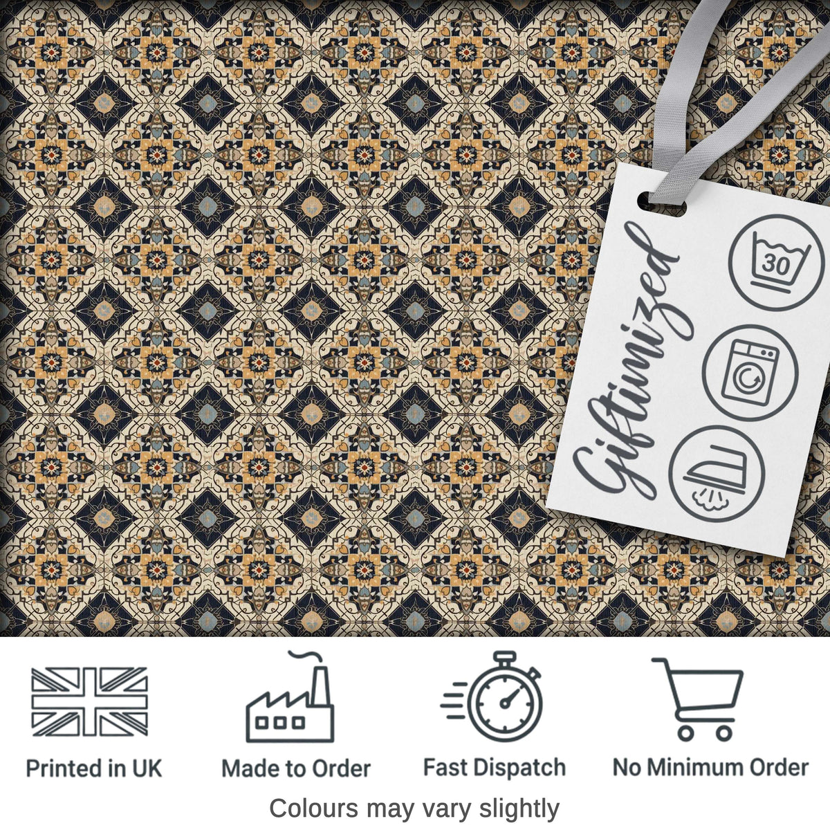Classic Vintage Blue Gold Geometric Tile Seamless Pattern Digital Print Fabric by the Metre UK Sewing Quilting Textile