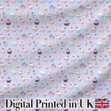 Kawaii Cupcake Sweet Treats Blue Background Seamless Pattern Digital Print Fabric by the Metre UK Sewing Quilting Textile
