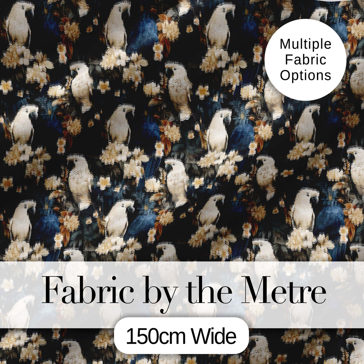 Elegant White Cockatoo Floral Dark Background Seamless Pattern Digital Print Fabric by the Metre UK Sewing Quilting Textile