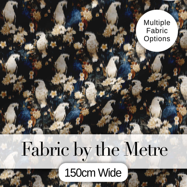 Elegant White Cockatoo Floral Dark Background Seamless Pattern Digital Print Fabric by the Metre UK Sewing Quilting Textile