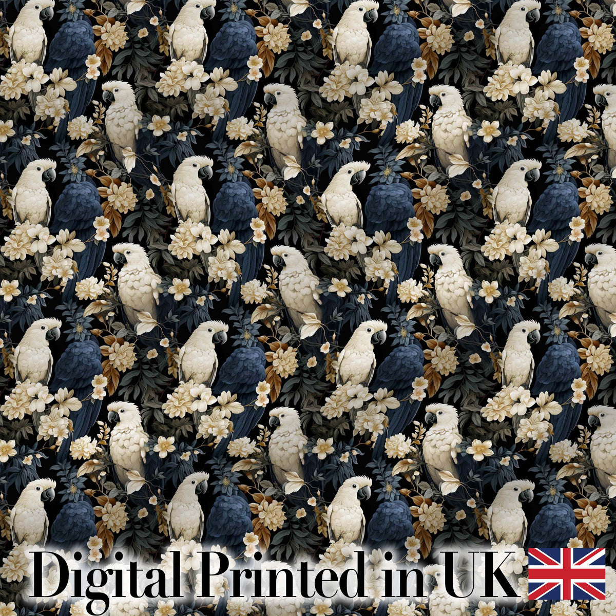 Elegant White Cockatoo Floral Dark Background Seamless Pattern Digital Print Fabric by the Metre UK Sewing Quilting Textile