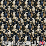 Elegant White Cockatoo Floral Dark Background Seamless Pattern Digital Print Fabric by the Metre UK Sewing Quilting Textile