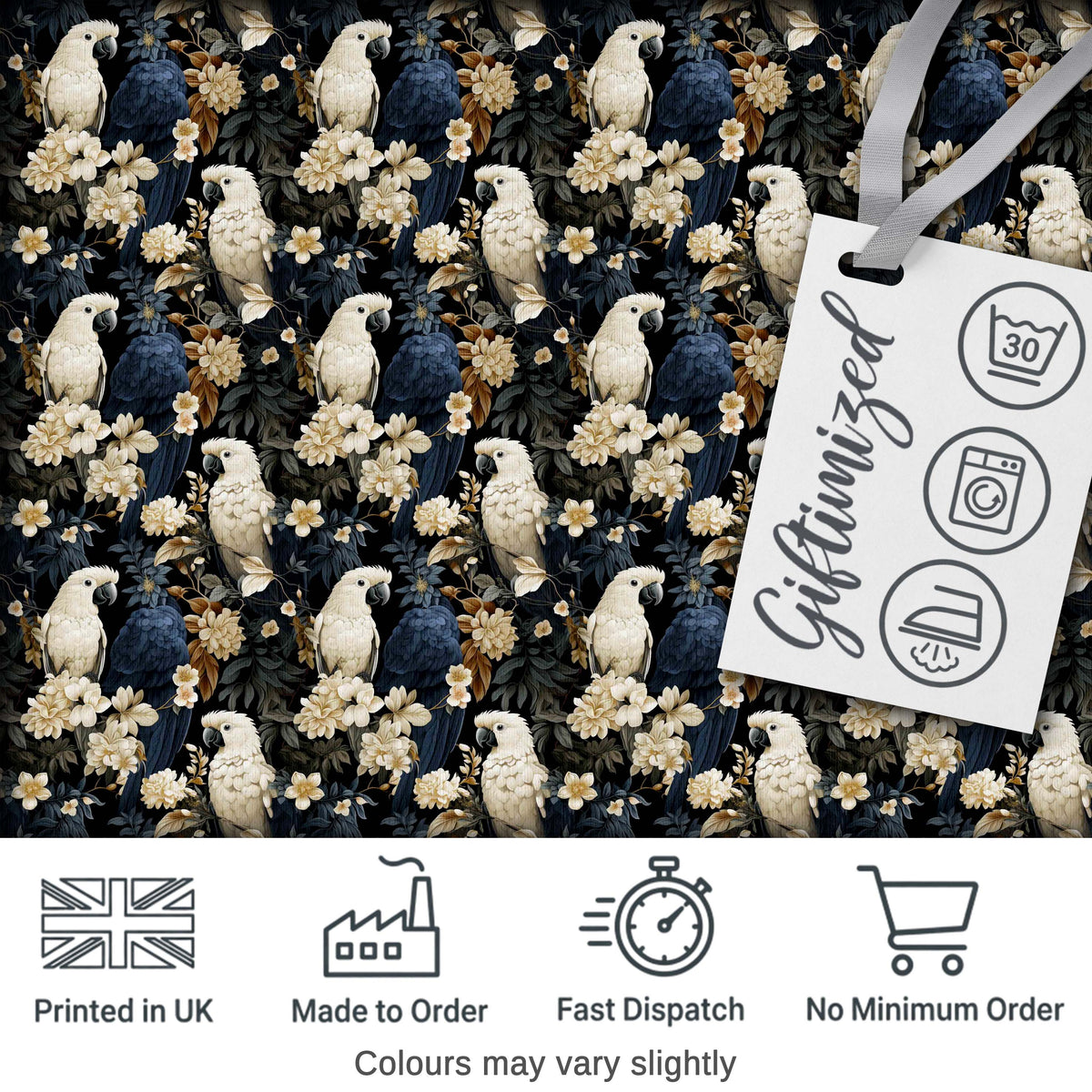 Elegant White Cockatoo Floral Dark Background Seamless Pattern Digital Print Fabric by the Metre UK Sewing Quilting Textile