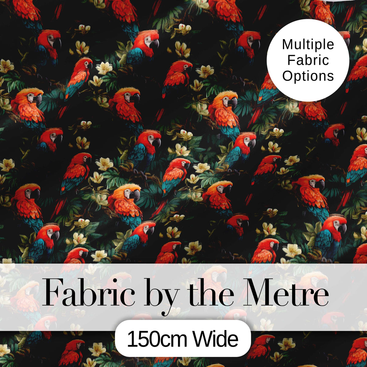 Colorful Macaw Parrot Jungle Leaves Seamless Pattern Digital Print Fabric by the Metre UK Sewing Quilting Textile