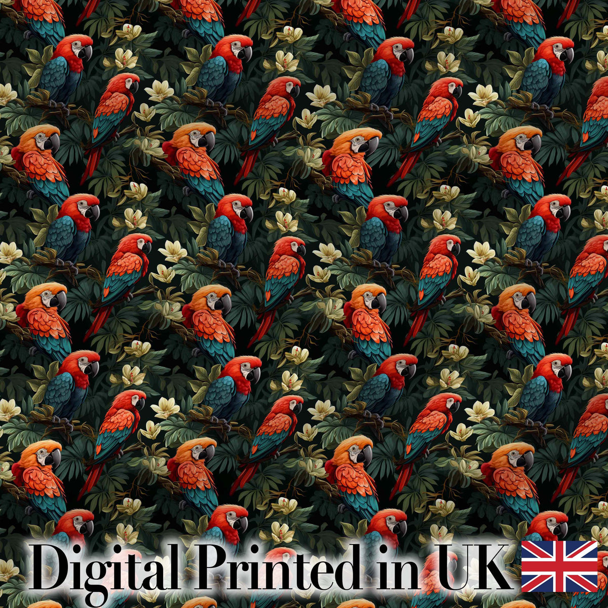 Colorful Macaw Parrot Jungle Leaves Seamless Pattern Digital Print Fabric by the Metre UK Sewing Quilting Textile