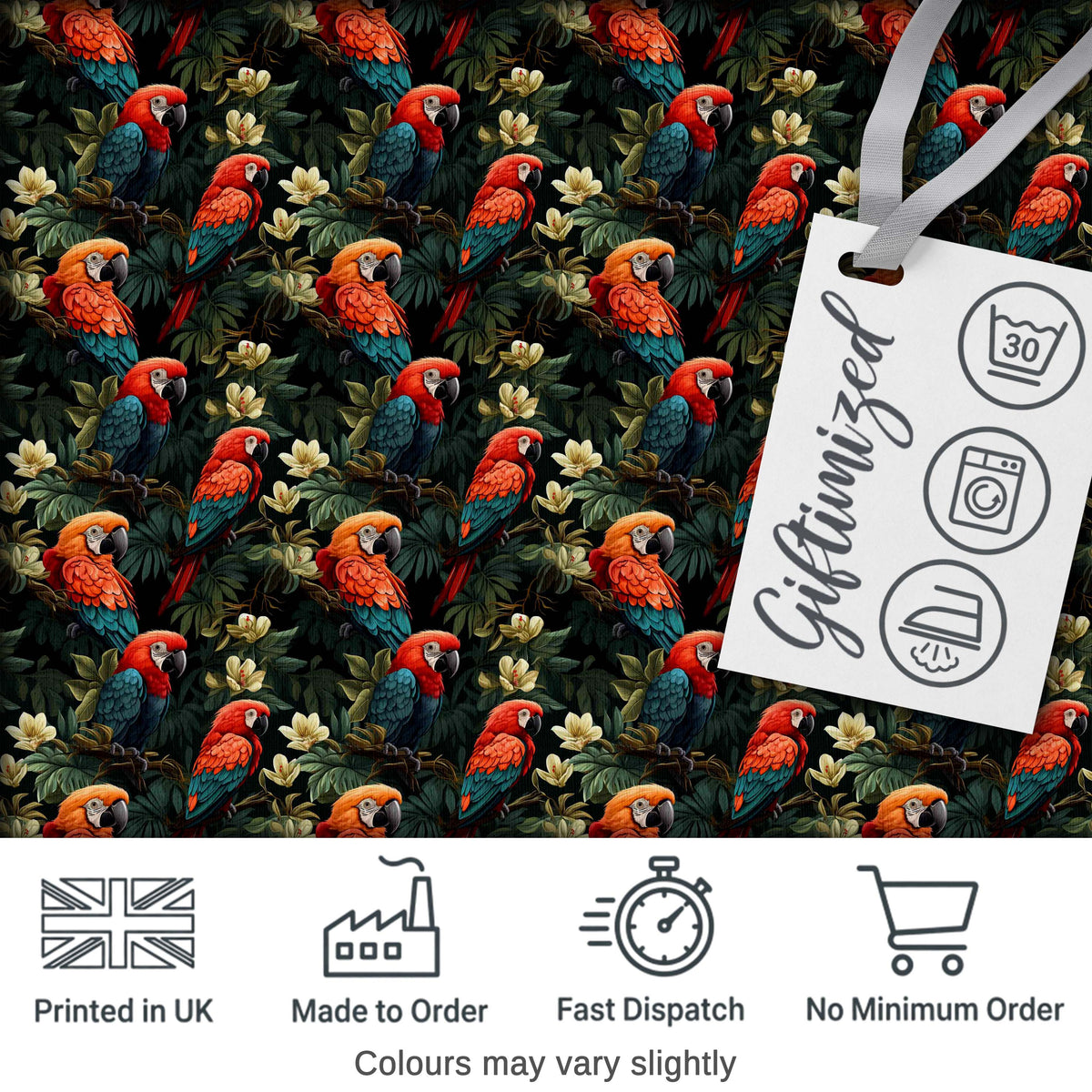 Colorful Macaw Parrot Jungle Leaves Seamless Pattern Digital Print Fabric by the Metre UK Sewing Quilting Textile