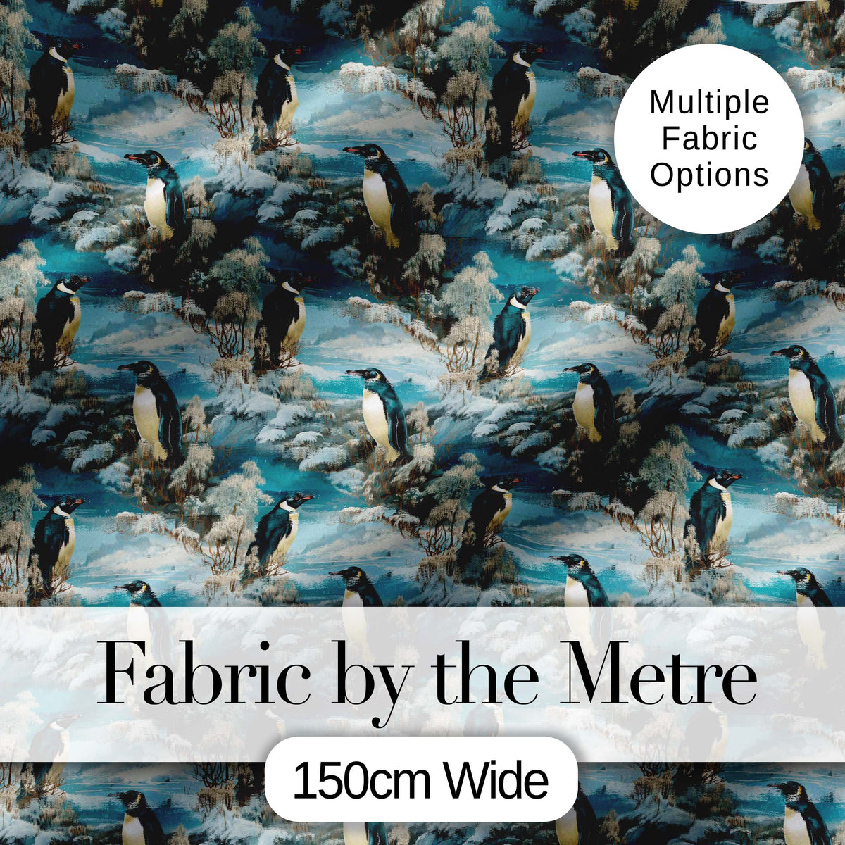 Vintage Penguin Winter Nature Scene Seamless Pattern Digital Print Fabric by the Metre UK Sewing Quilting Textile
