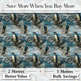 Vintage Penguin Winter Nature Scene Seamless Pattern Digital Print Fabric by the Metre UK Sewing Quilting Textile