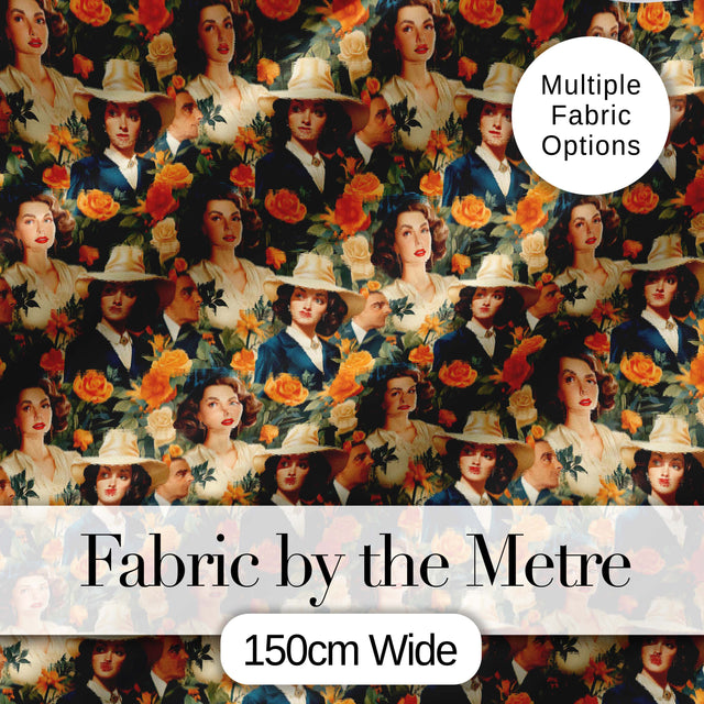 Vintage Elegant Women Portrait Floral Seamless Pattern Digital Print Fabric by the Metre UK Sewing Quilting Textile
