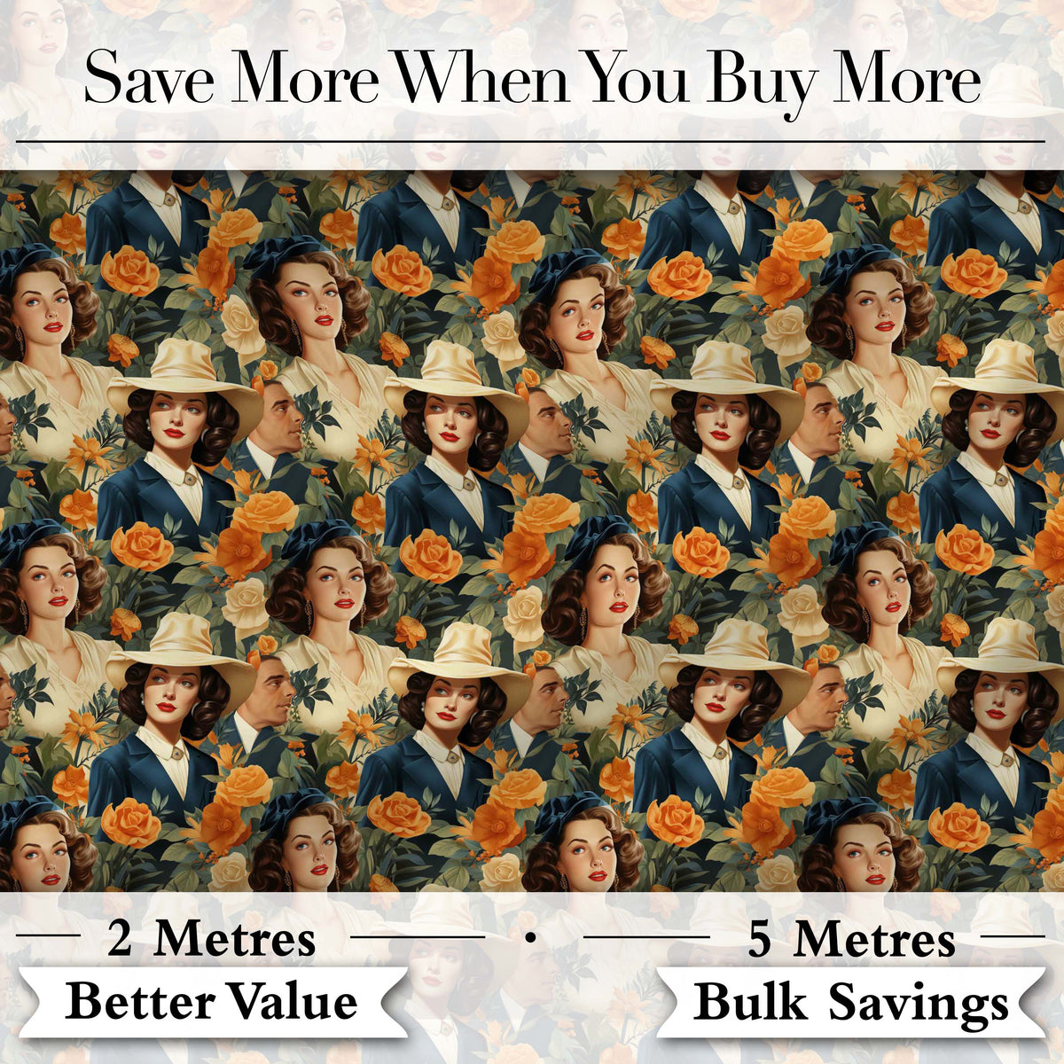 Vintage Elegant Women Portrait Floral Seamless Pattern Digital Print Fabric by the Metre UK Sewing Quilting Textile