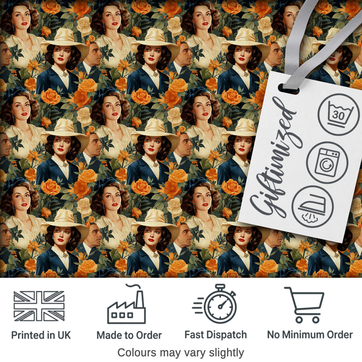 Vintage Elegant Women Portrait Floral Seamless Pattern Digital Print Fabric by the Metre UK Sewing Quilting Textile