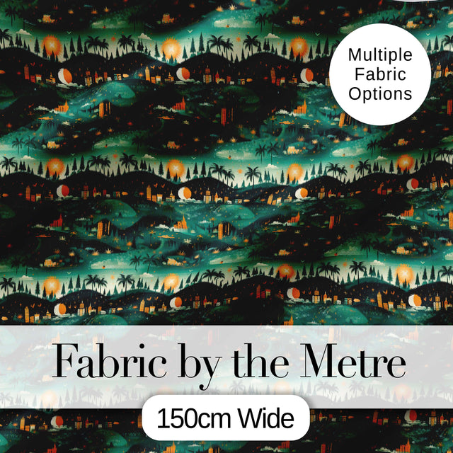 Scenic Landscape City Night Seamless Pattern Digital Print Fabric by the Metre UK Sewing Quilting Textile