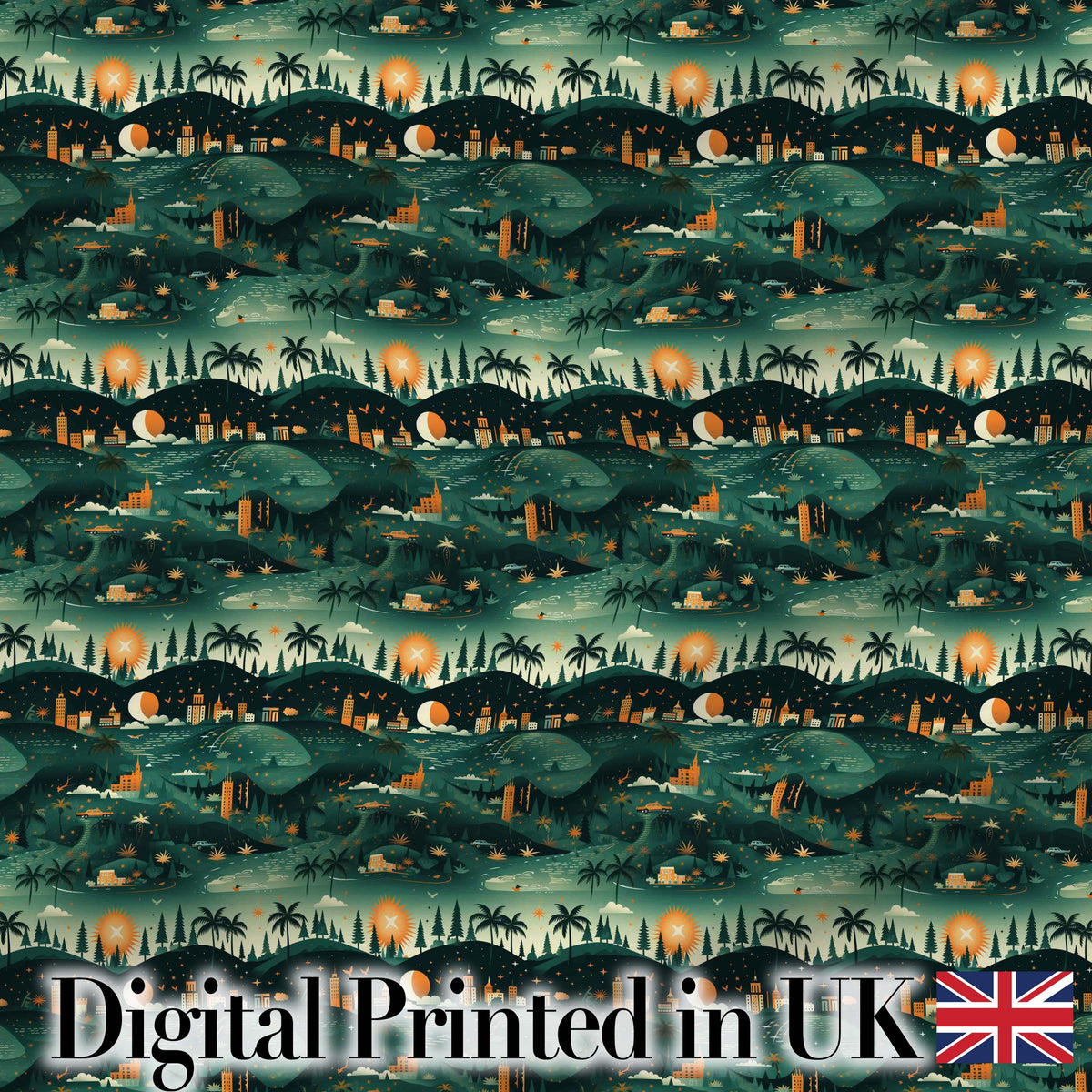 Scenic Landscape City Night Seamless Pattern Digital Print Fabric by the Metre UK Sewing Quilting Textile