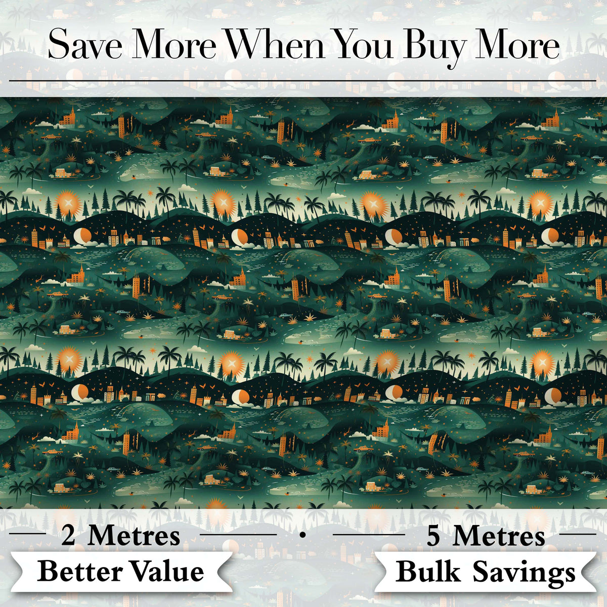 Scenic Landscape City Night Seamless Pattern Digital Print Fabric by the Metre UK Sewing Quilting Textile