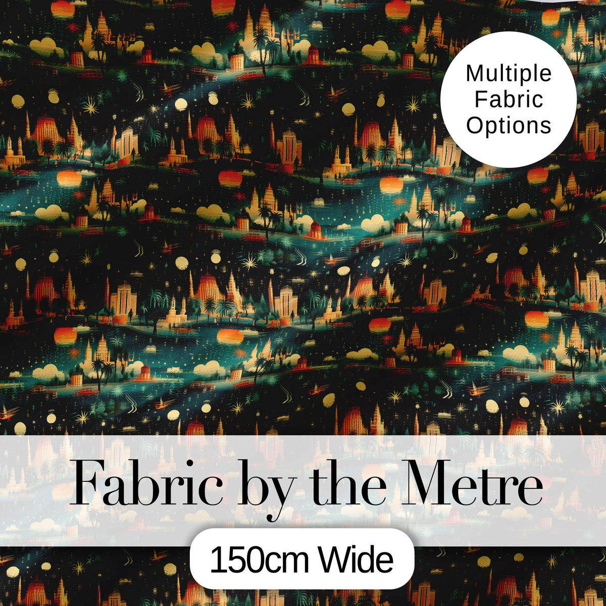 Vintage City Skyline Night Travel Seamless Pattern Digital Print Fabric by the Metre UK Sewing Quilting Textile