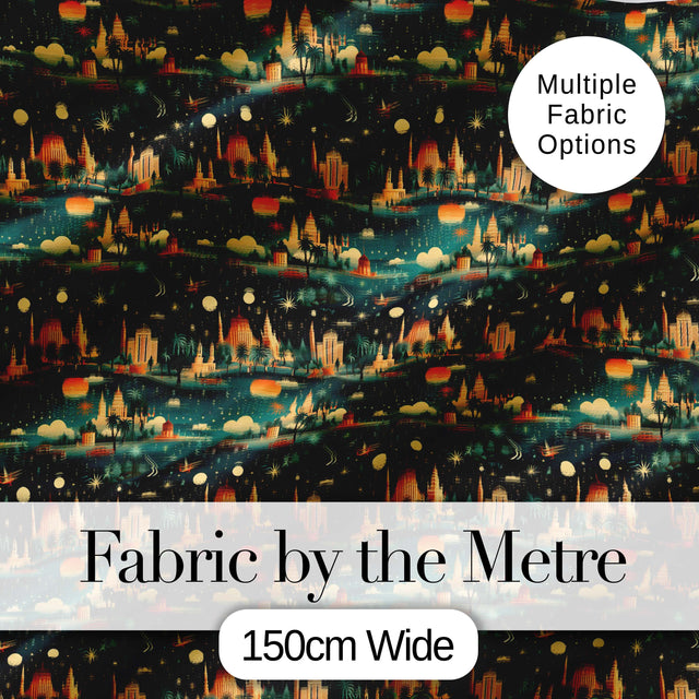 Vintage City Skyline Night Travel Seamless Pattern Digital Print Fabric by the Metre UK Sewing Quilting Textile