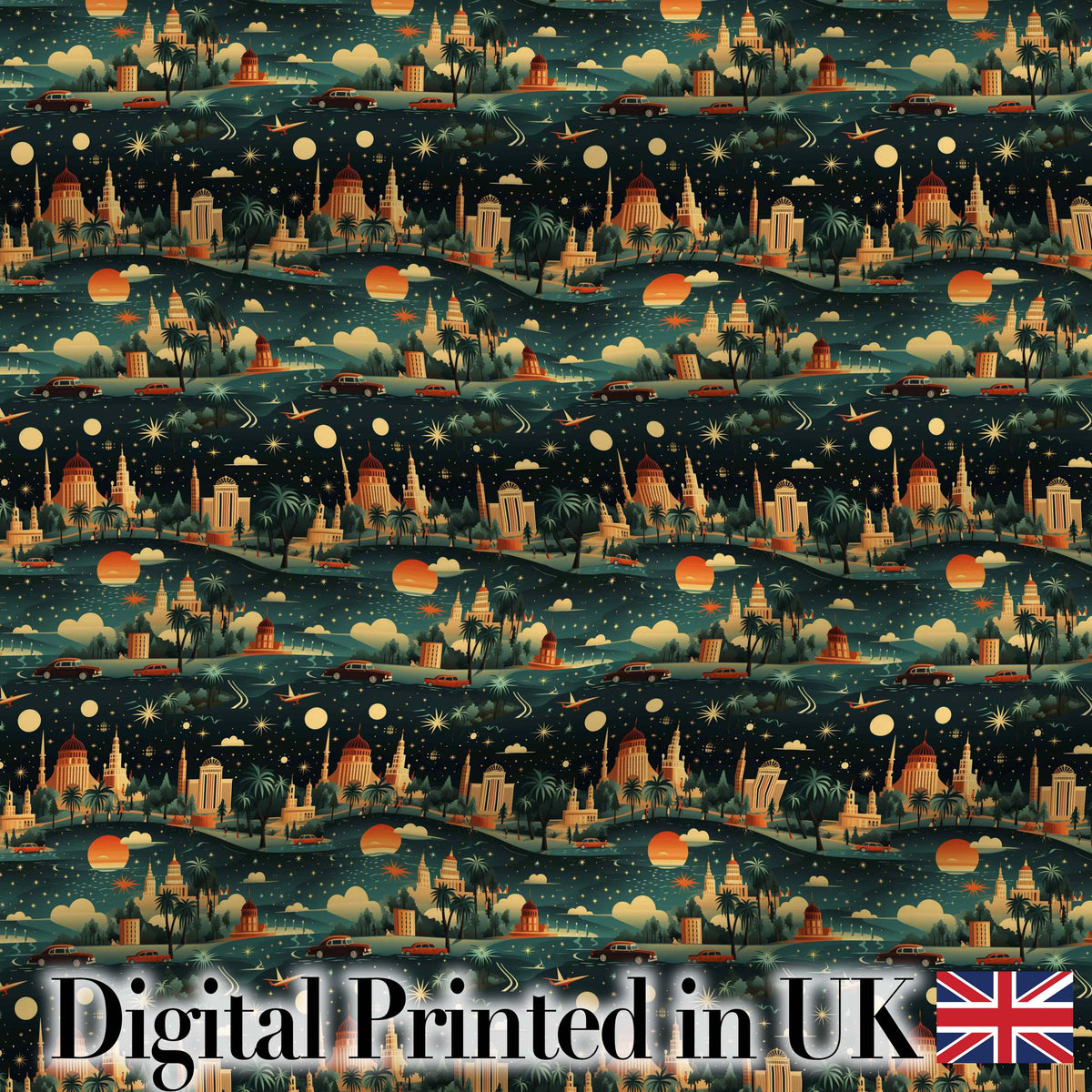 Vintage City Skyline Night Travel Seamless Pattern Digital Print Fabric by the Metre UK Sewing Quilting Textile