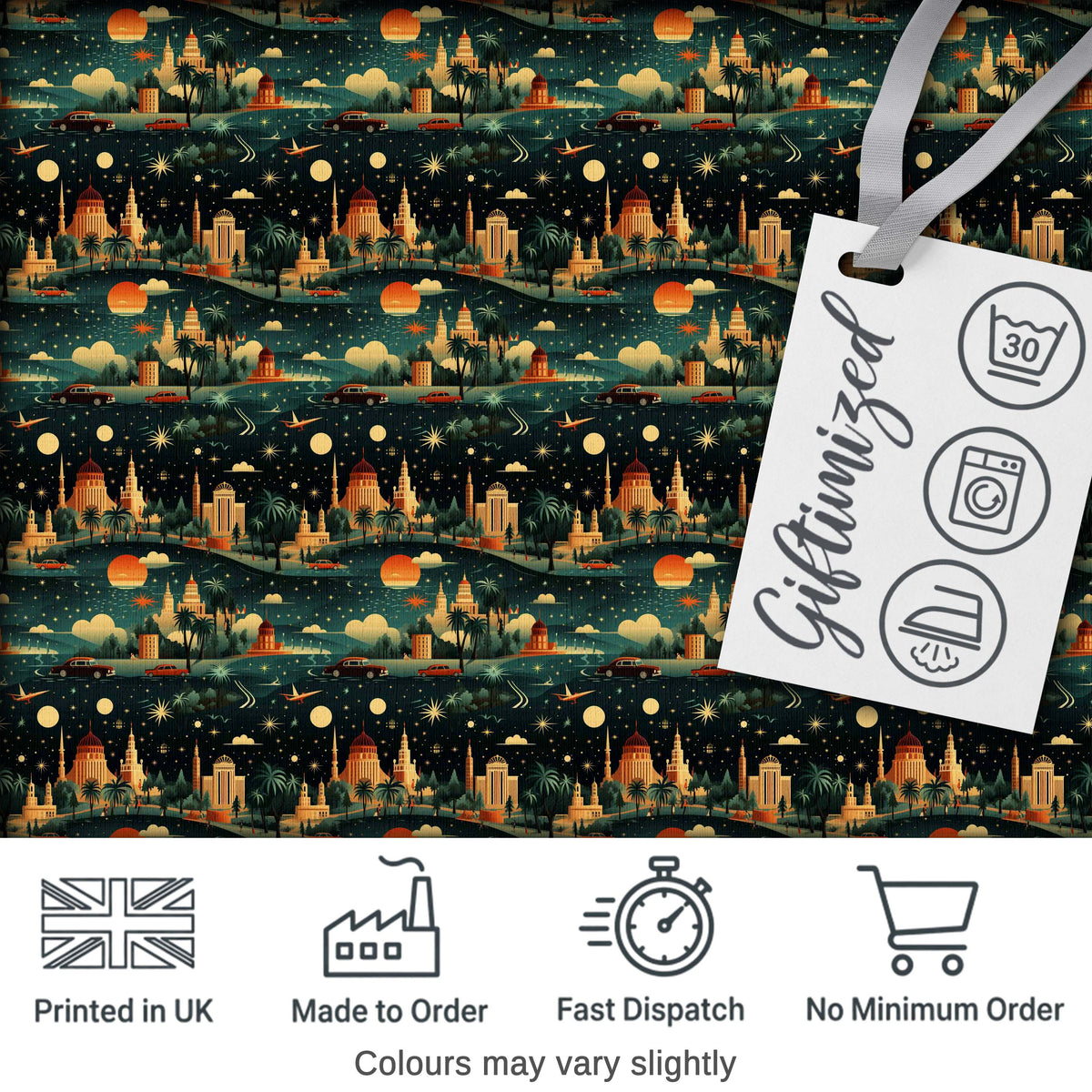 Vintage City Skyline Night Travel Seamless Pattern Digital Print Fabric by the Metre UK Sewing Quilting Textile