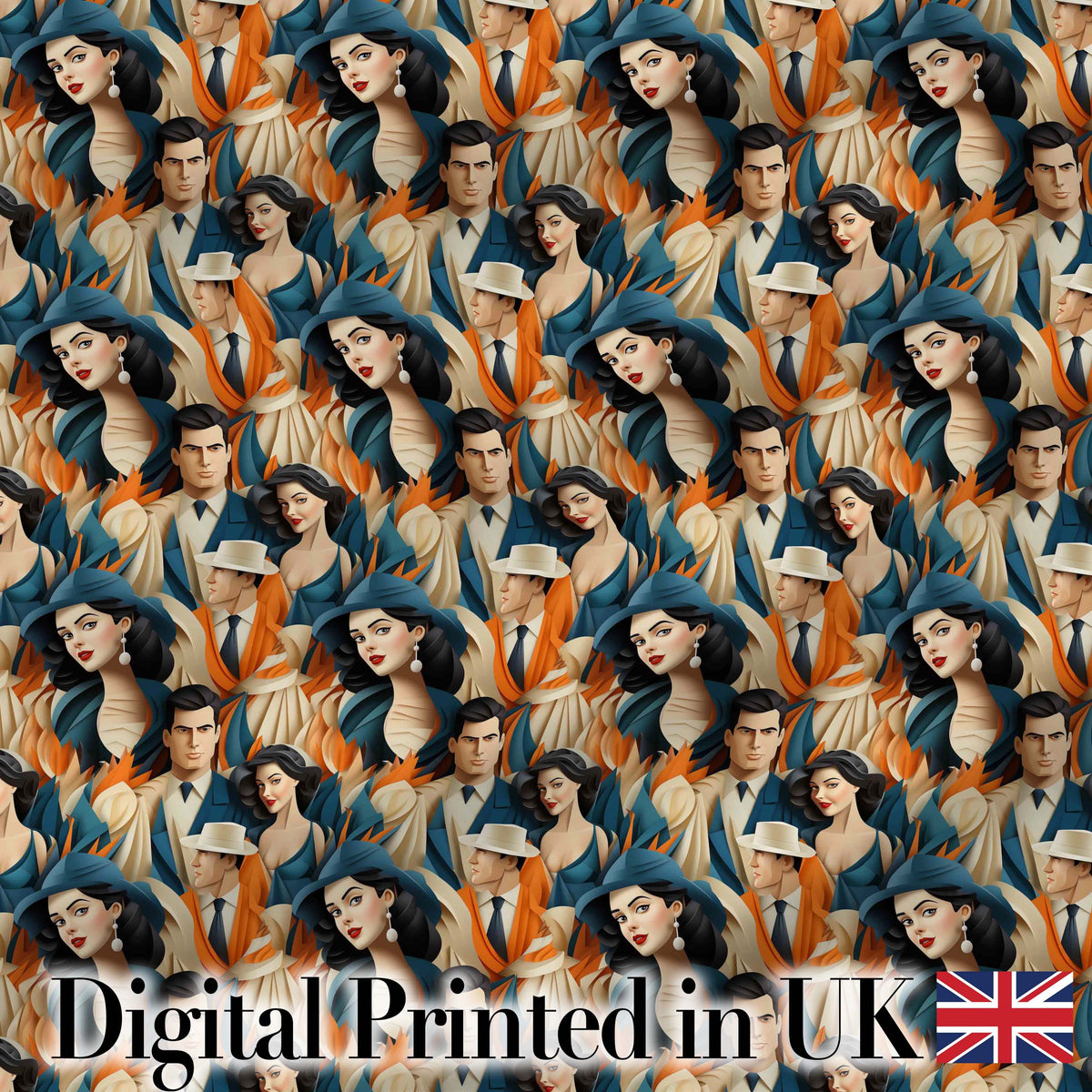 Art Deco Fashion Couple Stylish Seamless Pattern Digital Print Fabric by the Metre UK Sewing Quilting Textile