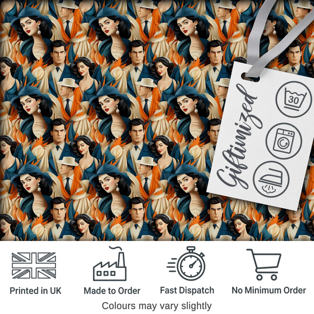 Art Deco Fashion Couple Stylish Seamless Pattern Digital Print Fabric by the Metre UK Sewing Quilting Textile