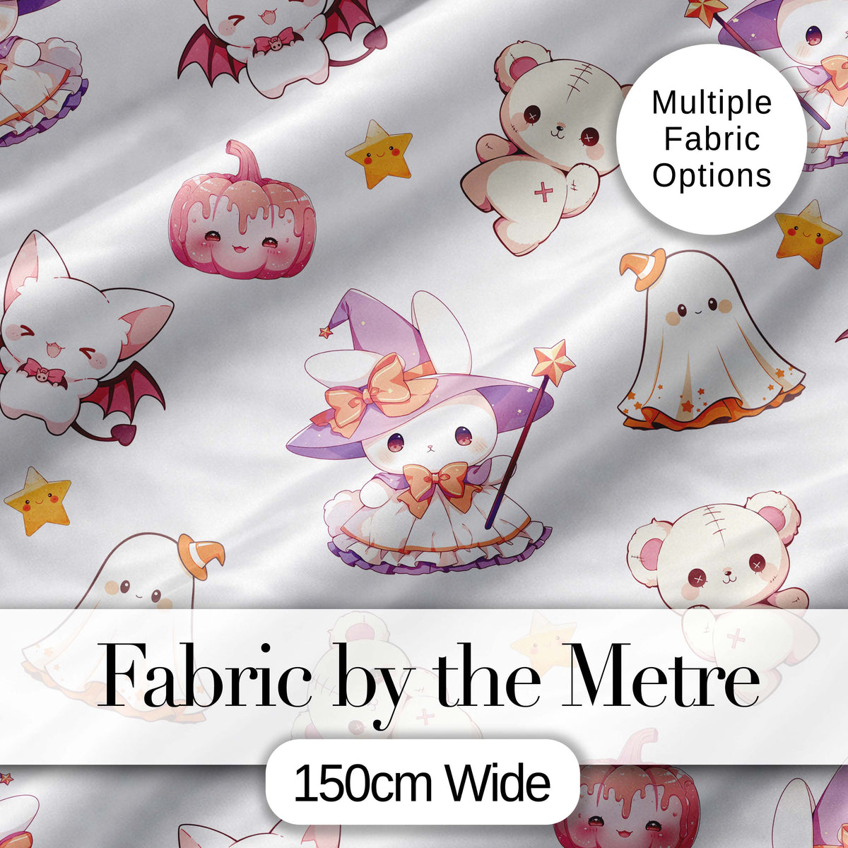 Kawaii Halloween Bunny Witch Teddy Ghost Seamless Pattern Digital Print Fabric by the Metre UK Sewing Quilting Textile