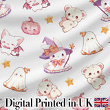 Kawaii Halloween Bunny Witch Teddy Ghost Seamless Pattern Digital Print Fabric by the Metre UK Sewing Quilting Textile