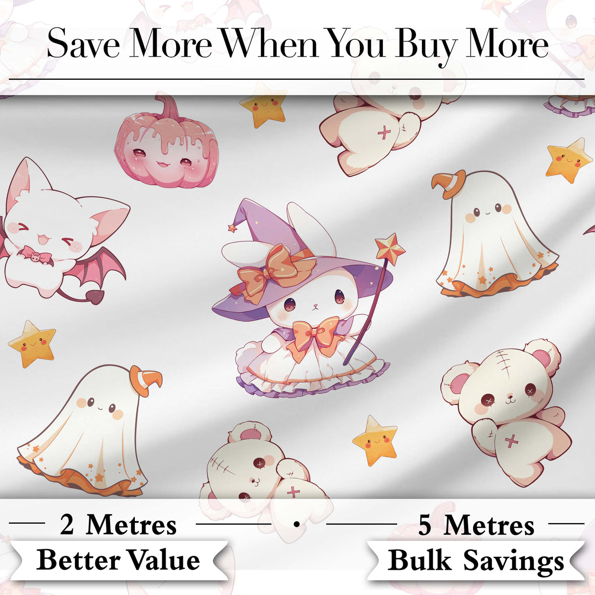Kawaii Halloween Bunny Witch Teddy Ghost Seamless Pattern Digital Print Fabric by the Metre UK Sewing Quilting Textile