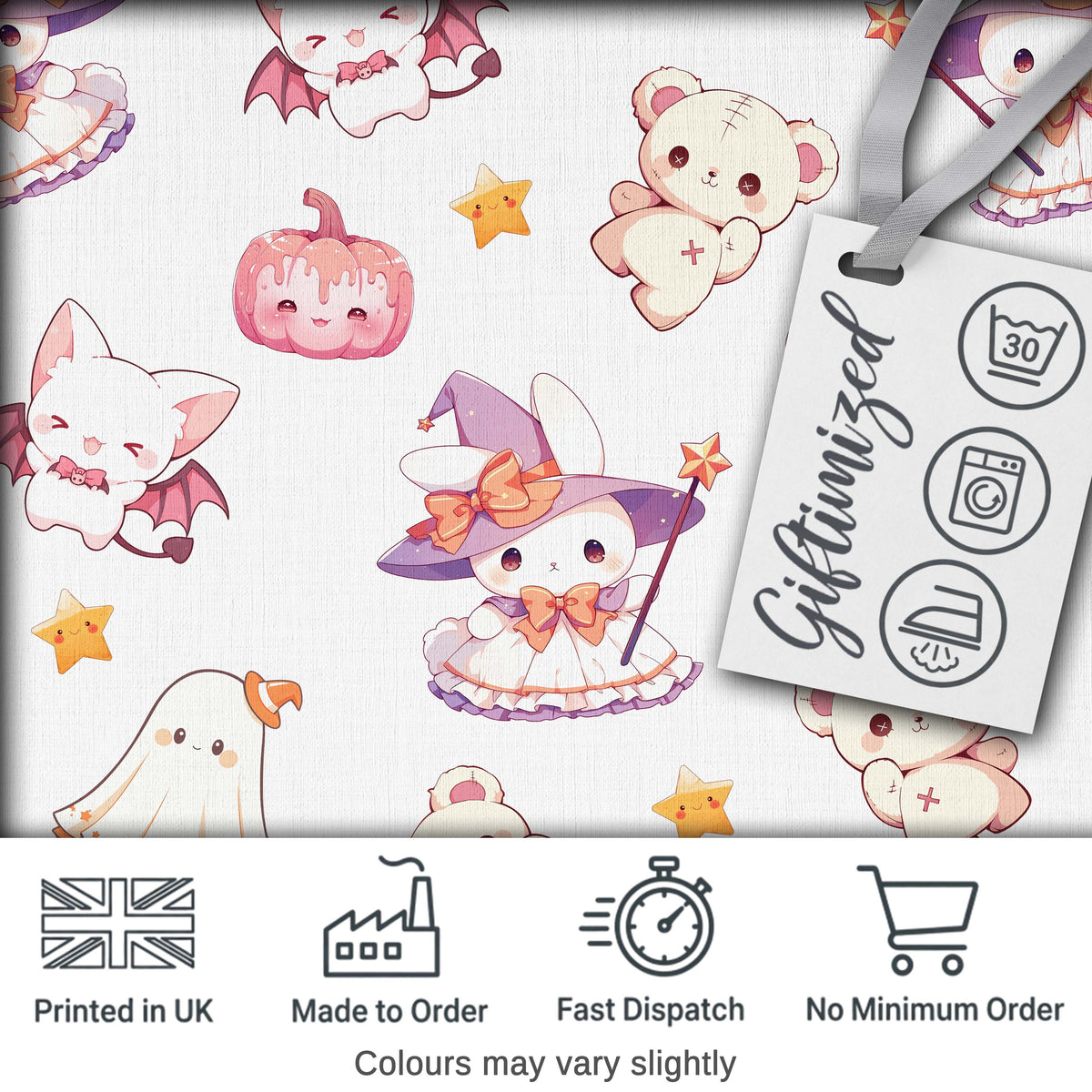 Kawaii Halloween Bunny Witch Teddy Ghost Seamless Pattern Digital Print Fabric by the Metre UK Sewing Quilting Textile