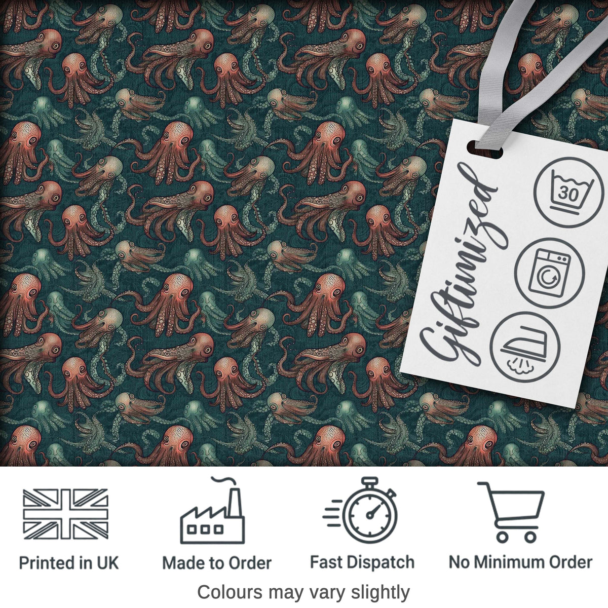 Detailed Octopus Illustration Seamless Pattern Dark Ocean Theme Digital Print Fabric by the Metre UK Sewing Quilting Textile