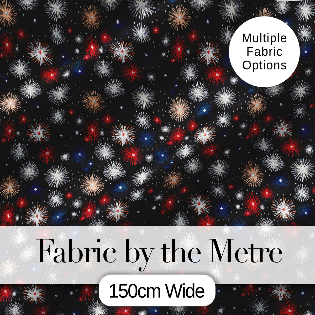 Classic Red White Blue Fireworks Seamless Pattern Patriotic Celebration Design Digital Print Fabric by the Metre UK Sewing Quilting Textile