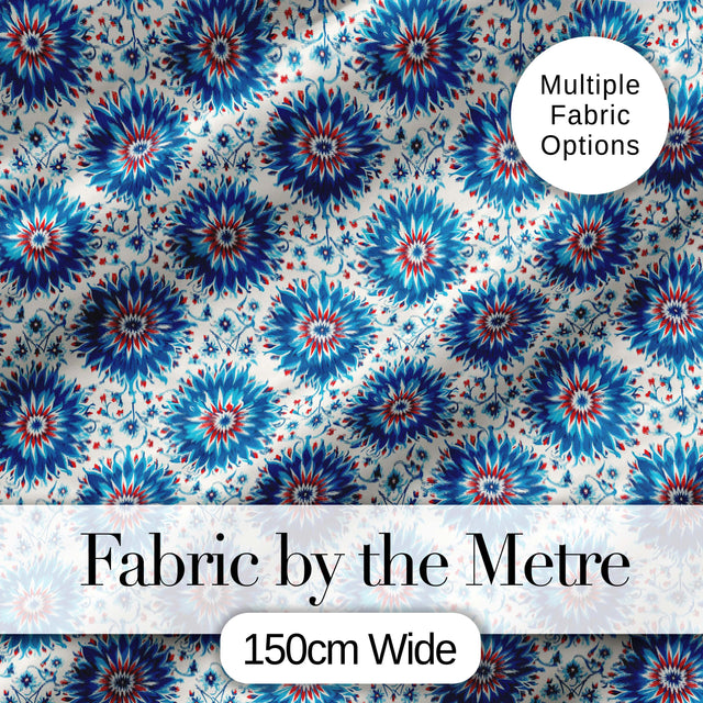 Blue Floral Starburst Mandala Seamless Pattern Decorative Tile Style Design Digital Print Fabric by the Metre UK Sewing Quilting Textile