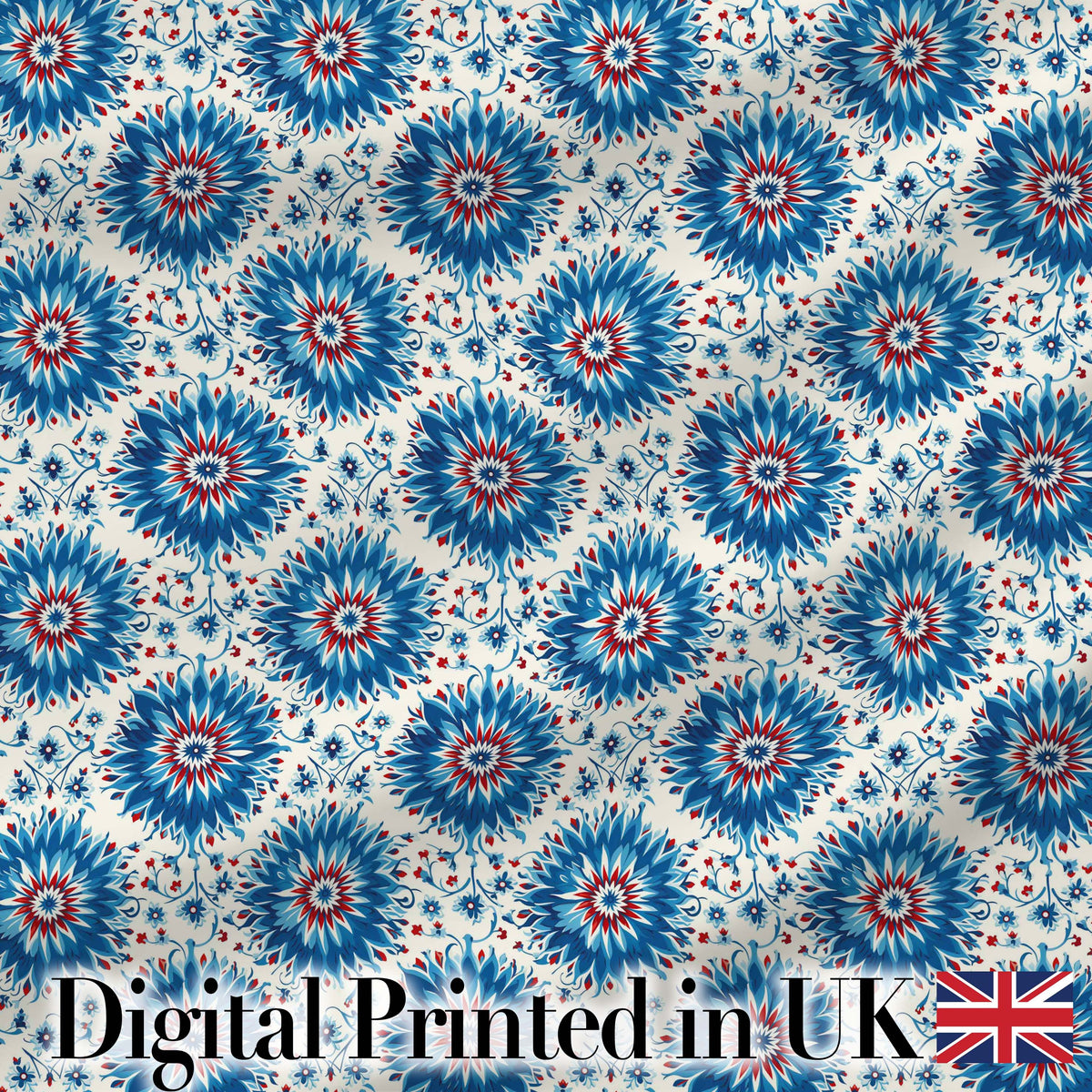 Blue Floral Starburst Mandala Seamless Pattern Decorative Tile Style Design Digital Print Fabric by the Metre UK Sewing Quilting Textile