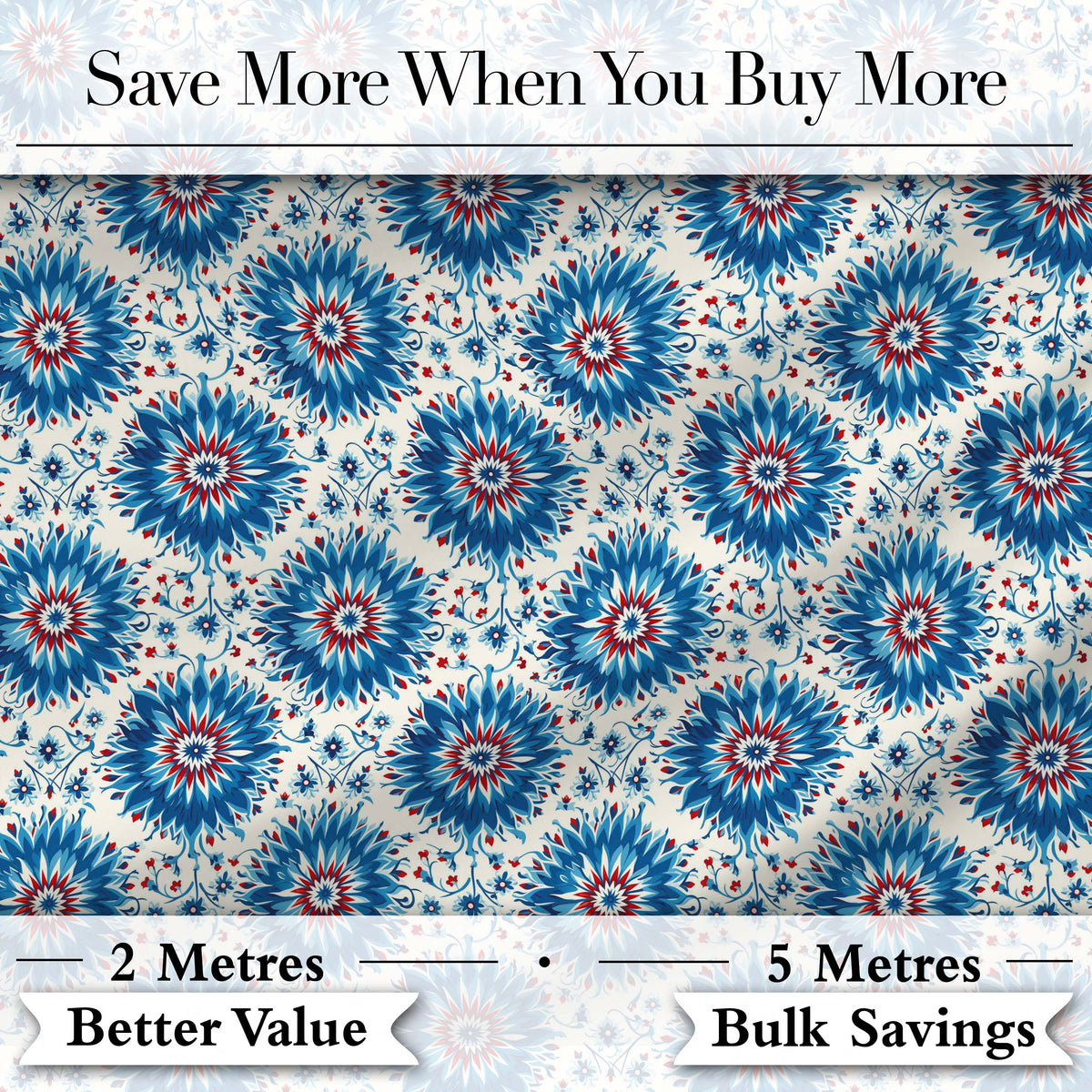 Blue Floral Starburst Mandala Seamless Pattern Decorative Tile Style Design Digital Print Fabric by the Metre UK Sewing Quilting Textile