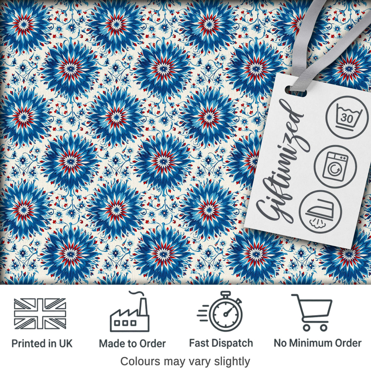 Blue Floral Starburst Mandala Seamless Pattern Decorative Tile Style Design Digital Print Fabric by the Metre UK Sewing Quilting Textile