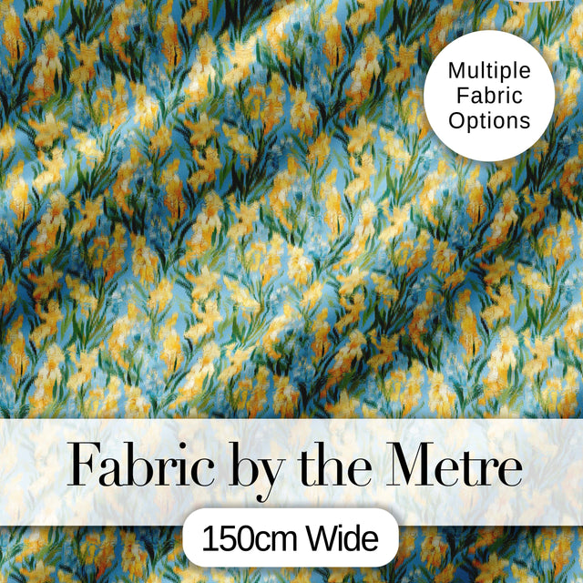 Yellow Garden Flowers Blue Background Seamless Botanical Pattern Digital Print Fabric by the Metre UK Sewing Quilting Textile
