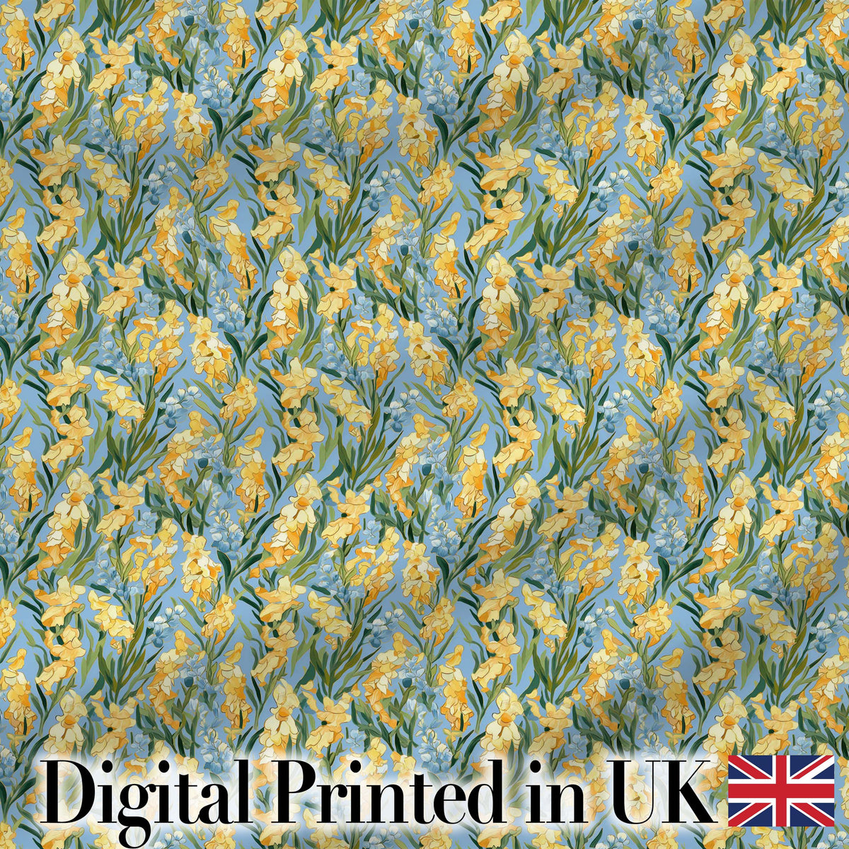 Yellow Garden Flowers Blue Background Seamless Botanical Pattern Digital Print Fabric by the Metre UK Sewing Quilting Textile
