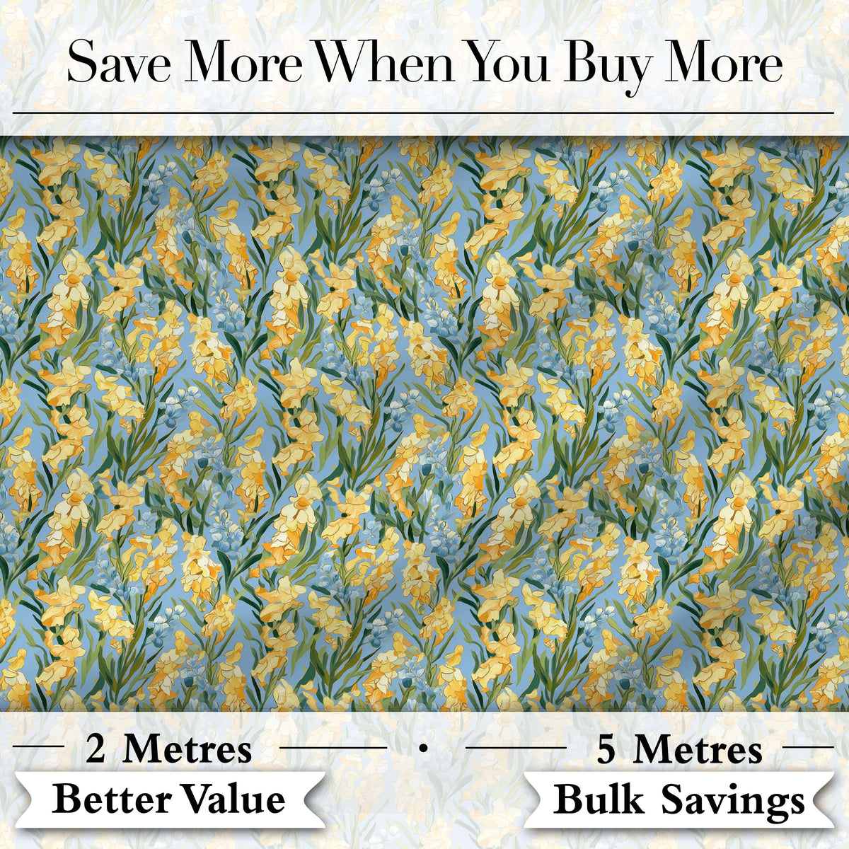 Yellow Garden Flowers Blue Background Seamless Botanical Pattern Digital Print Fabric by the Metre UK Sewing Quilting Textile