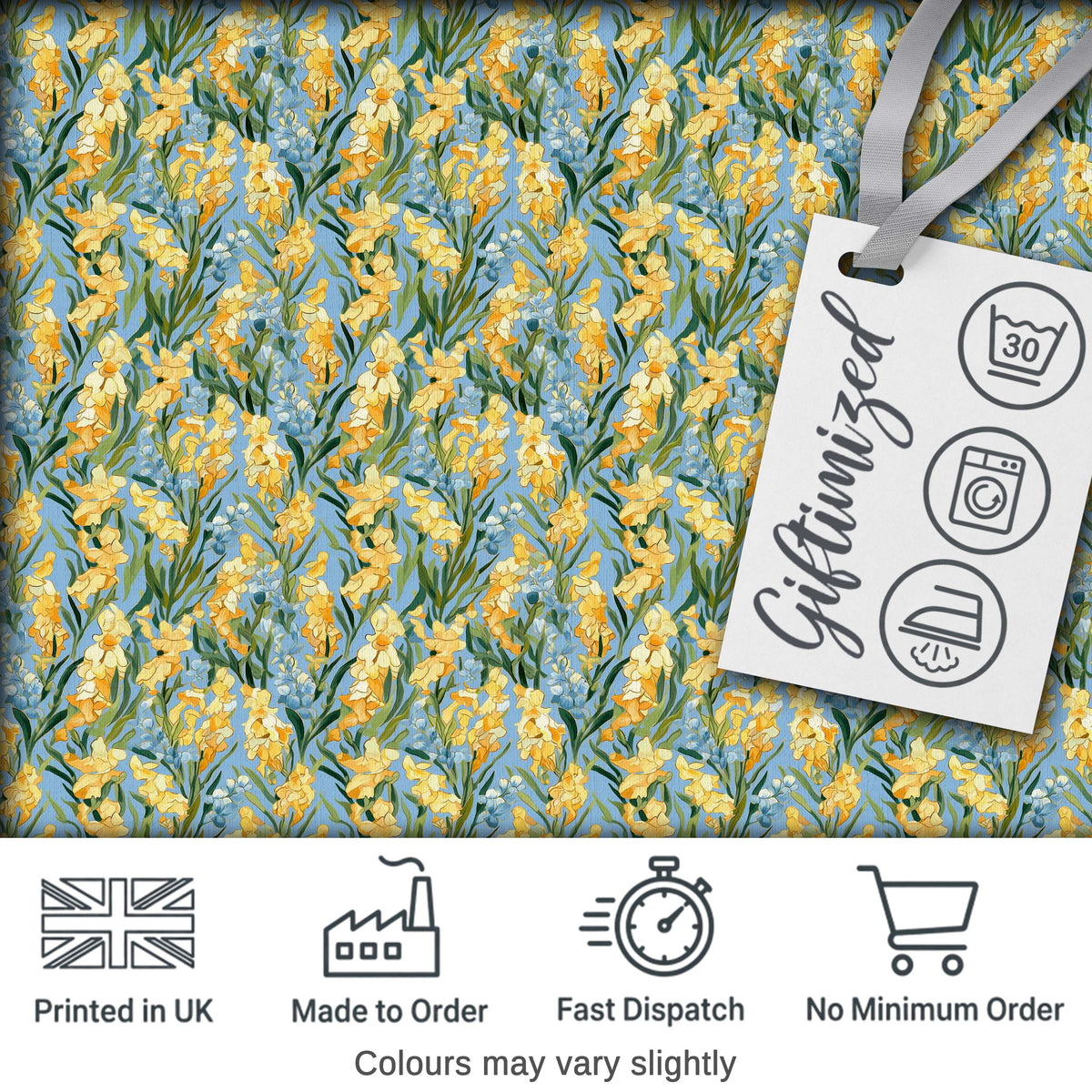 Yellow Garden Flowers Blue Background Seamless Botanical Pattern Digital Print Fabric by the Metre UK Sewing Quilting Textile